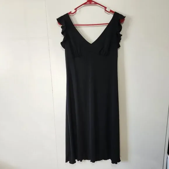 Vintage La Belle Black Dress Y2K V-Neck Ruffle Cap Sleeve Empire Maxi L 90s Y2K - Picture 1 of 10